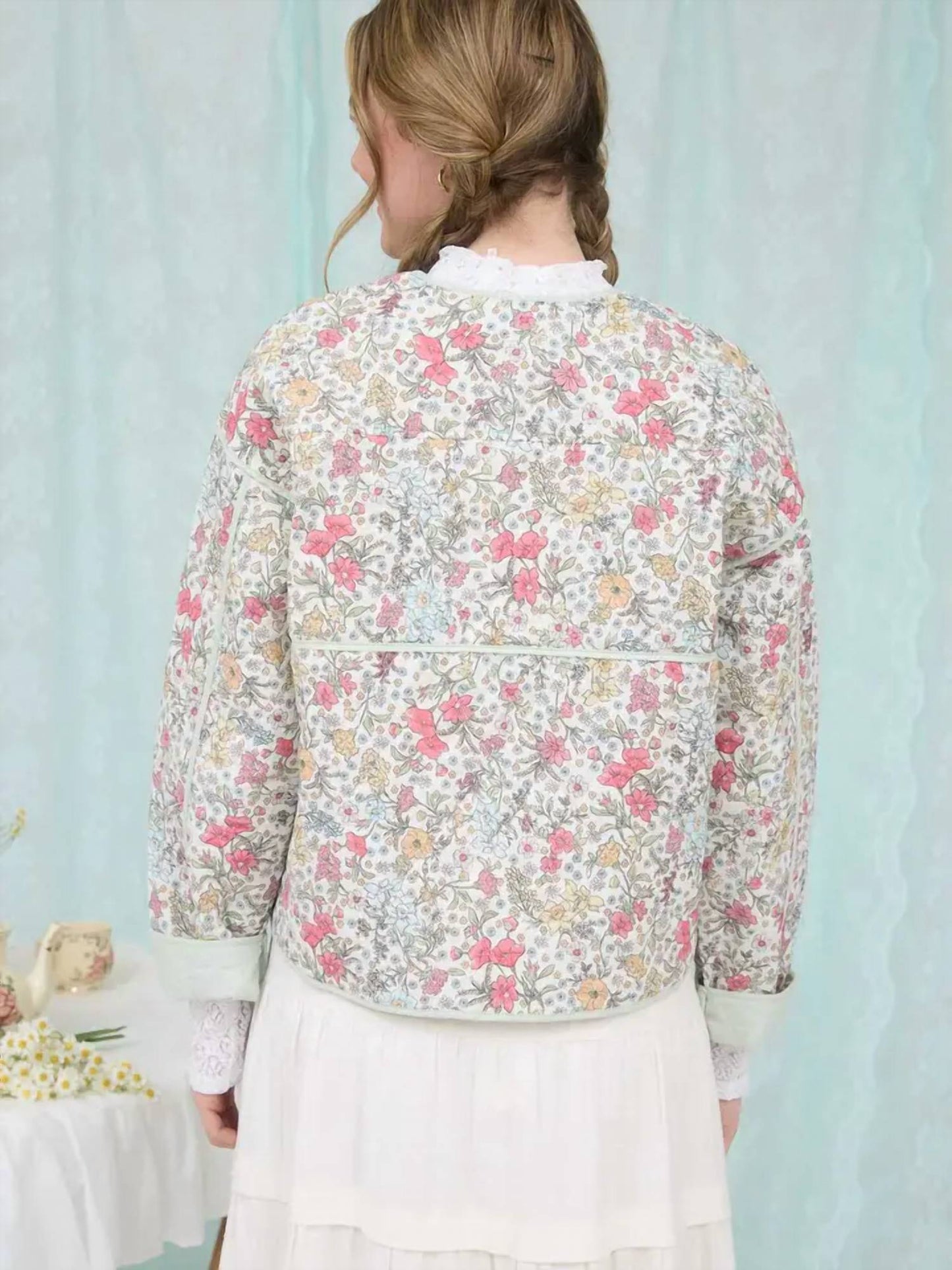 Blu Pepper - Floral Front Tie Quilted Jacket