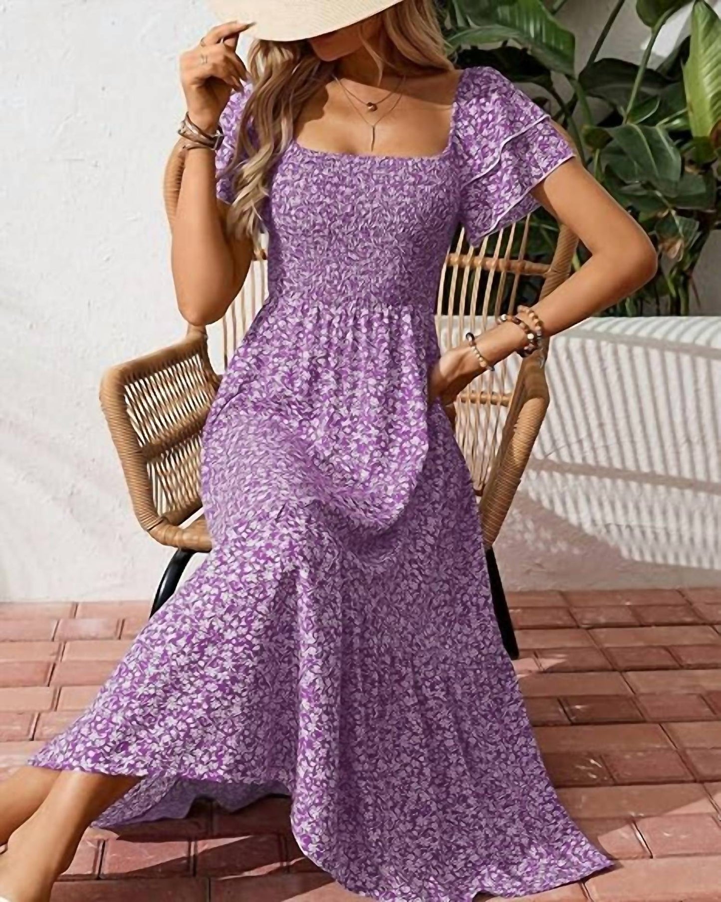 Lovesoft - Floral Square Neck Smocked Maxi Summer Dress