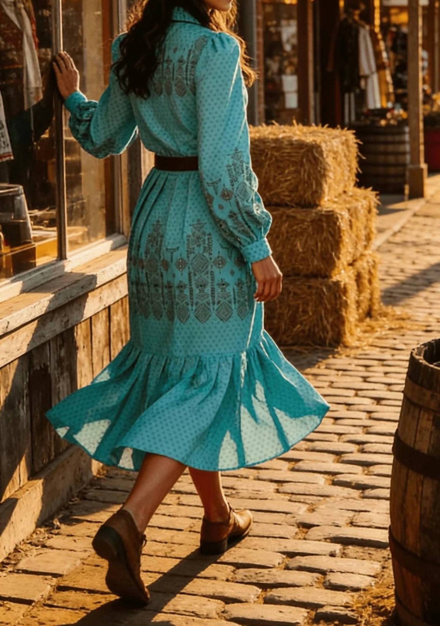 Lucky & Blessed - Jade Aztec Pearl Snap Long-sleeve Pleated Western Mini Dress