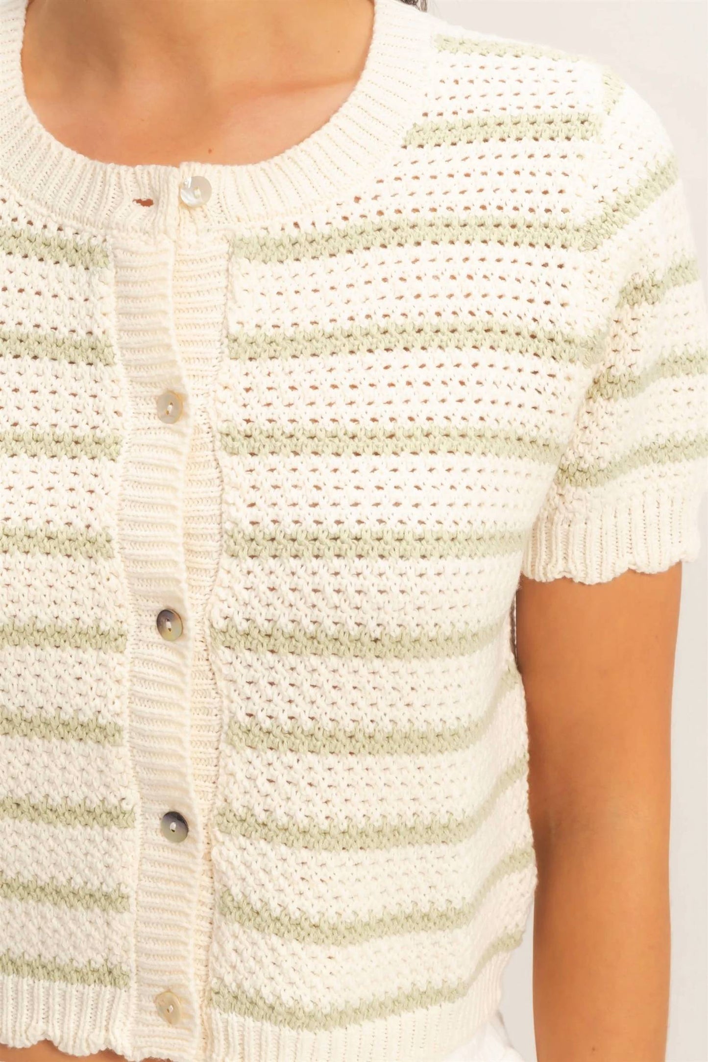 Hyfve - Striped Short Sleeve Cardigan With Scallop Edge
