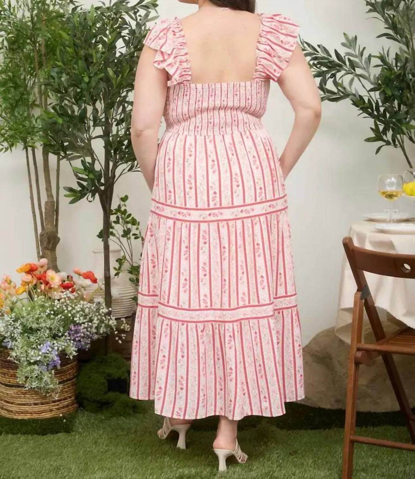 Blu Pepper - Stripe Floral Pattern Smocked Tiered Midi Dress