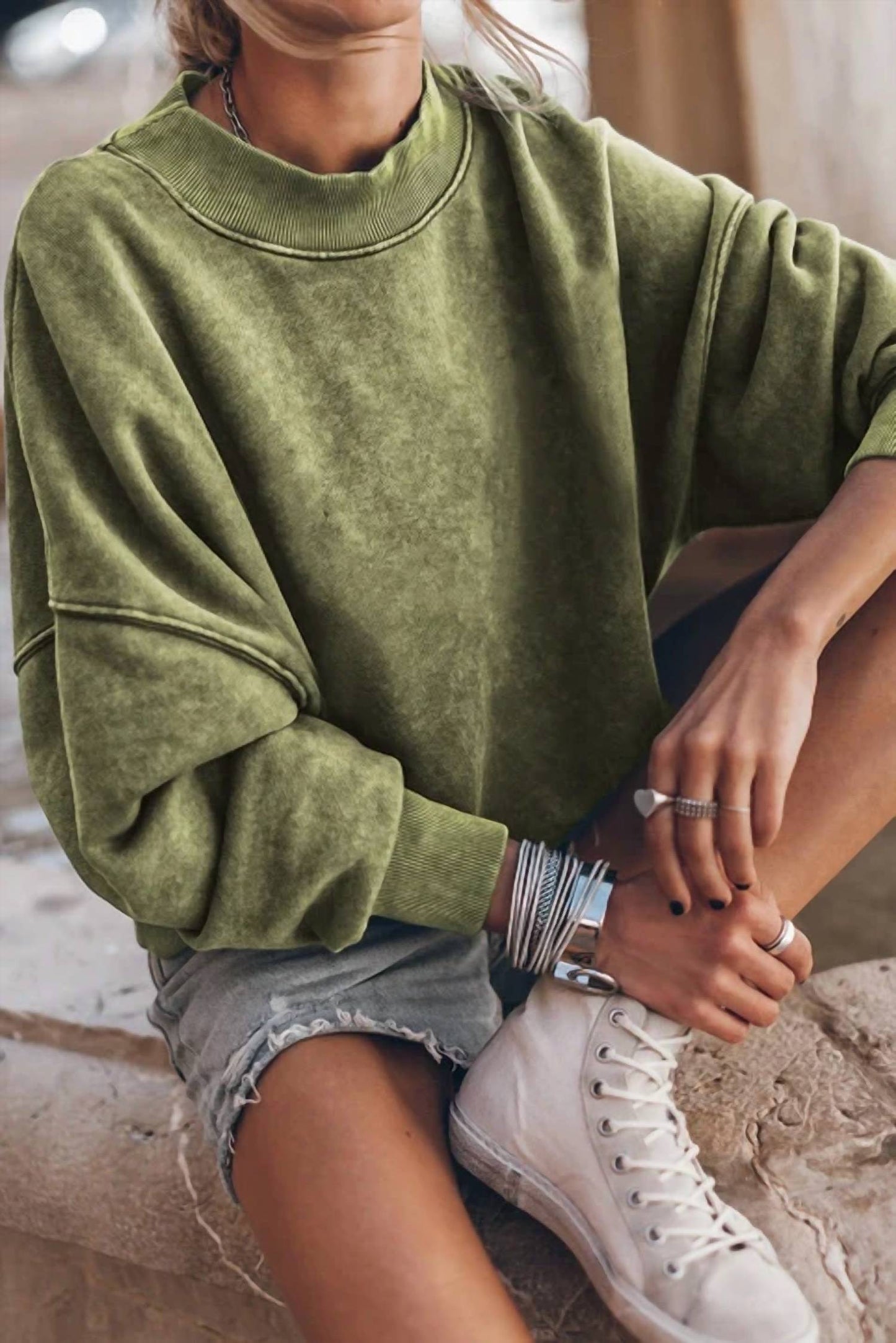 Lovesoft - Solid Color Drop Shoulder Pullover Sweatshirt