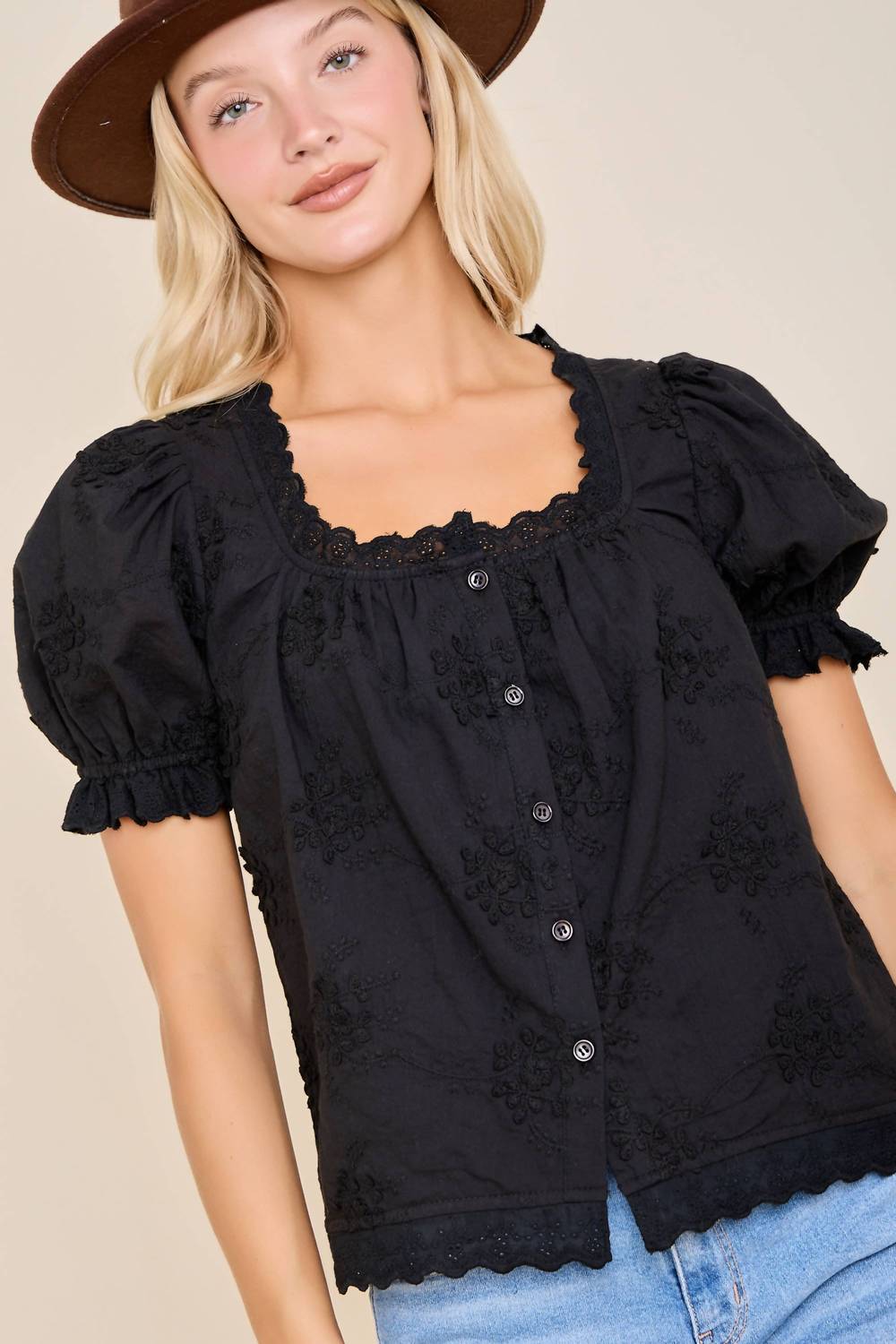 Main Strip - Embroidered Puff Sleeve Button Front Blouse