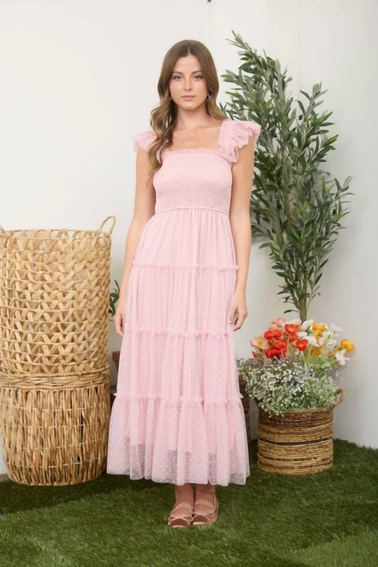 Blu Pepper - Polka Dot Chiffon Smocked Tiered Midi Dress