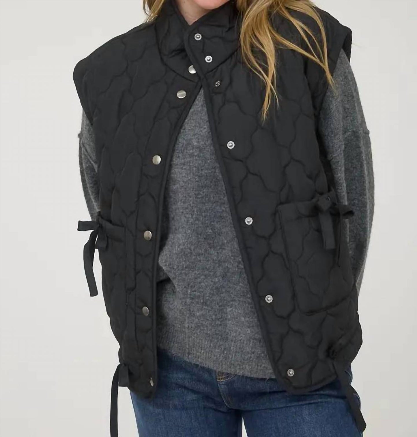 Blu Pepper - Tie Detail Snap Button Down Quilted Puffer Vest