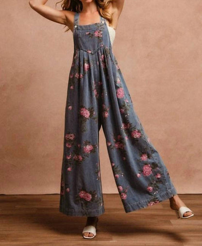 Bibi - Flower Print Washed Denim Wide Leg Jumpsuit