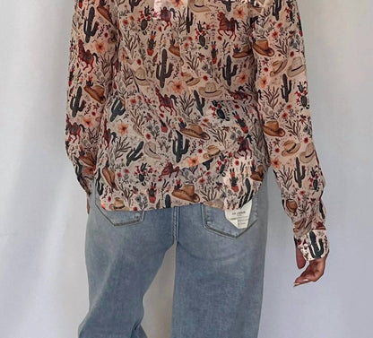 Blue B - Painted Desert Western Chiffon Button-up Blouse