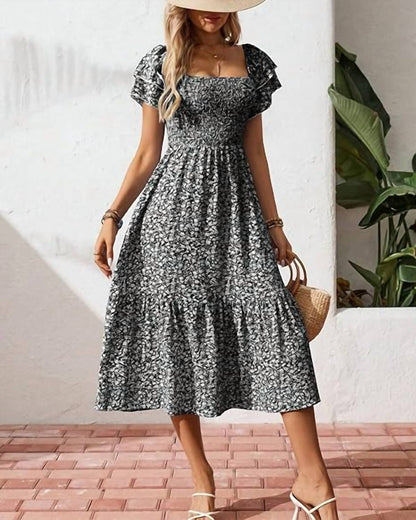 Lovesoft - Floral Square Neck Smocked Maxi Summer Dress