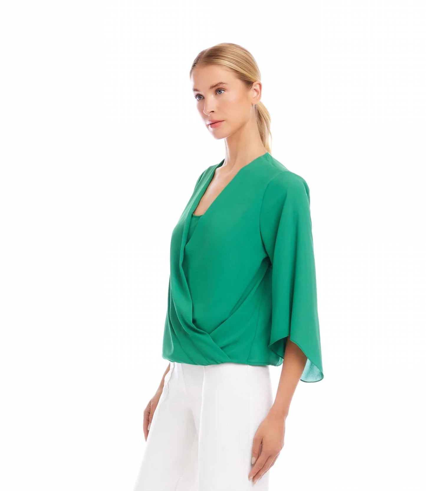 Karen Kane - Bracelet Sleeve Drape Front Crossover Top - Petite
