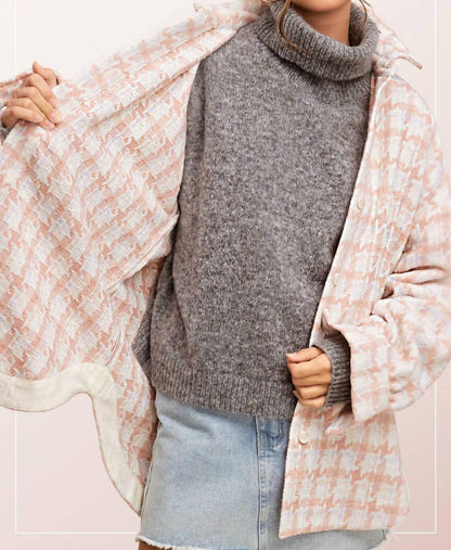 La Miel - Oversized Houndstooth Patterned Soft Brushed Shacket