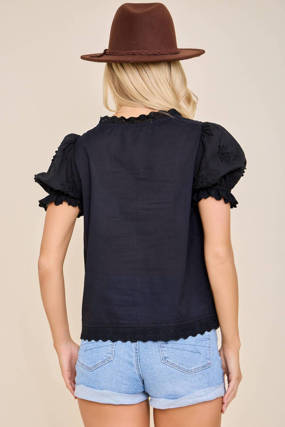 Main Strip - Embroidered Puff Sleeve Button Front Blouse