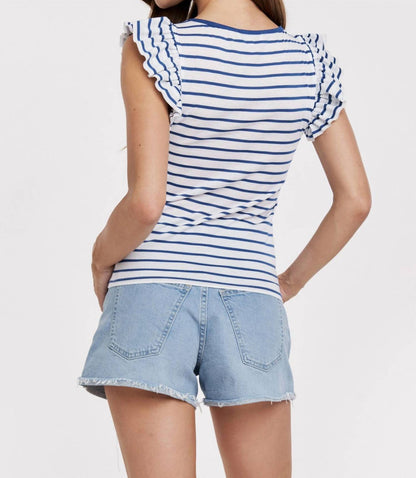 Another Love - Akiko Ruffle Sleeve Striped Boat Neck Ribbed Top