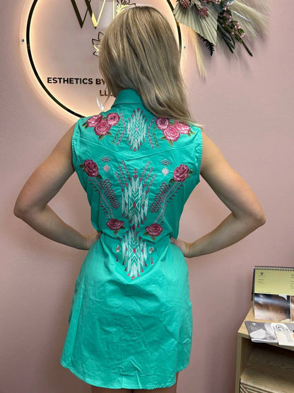 Lucky & Blessed - Pearl Snap Floral Sleeveless Western Tunic Mini Dress