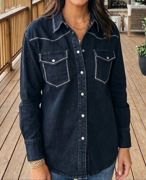 Lucky & Blessed - Contrast Stitching Pearl Snap Denim Western Shirt