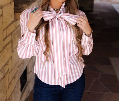 Crazy Consuela - Howdy Hanny Stripe Long Sleeve Western Bow Tie Top