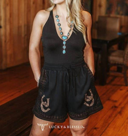 Lucky & Blessed - Western Embroidered Drawstring Shorts