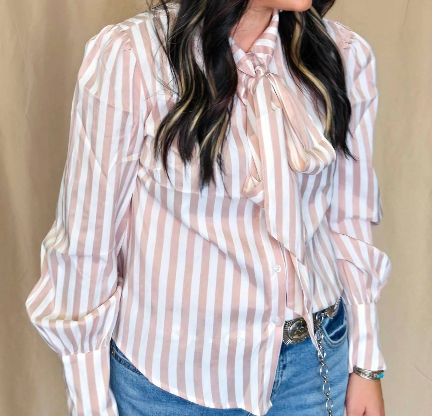 Crazy Consuela - Howdy Hanny Stripe Long Sleeve Western Bow Tie Top