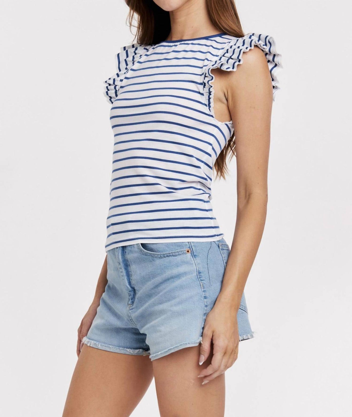 Another Love - Akiko Ruffle Sleeve Striped Boat Neck Ribbed Top