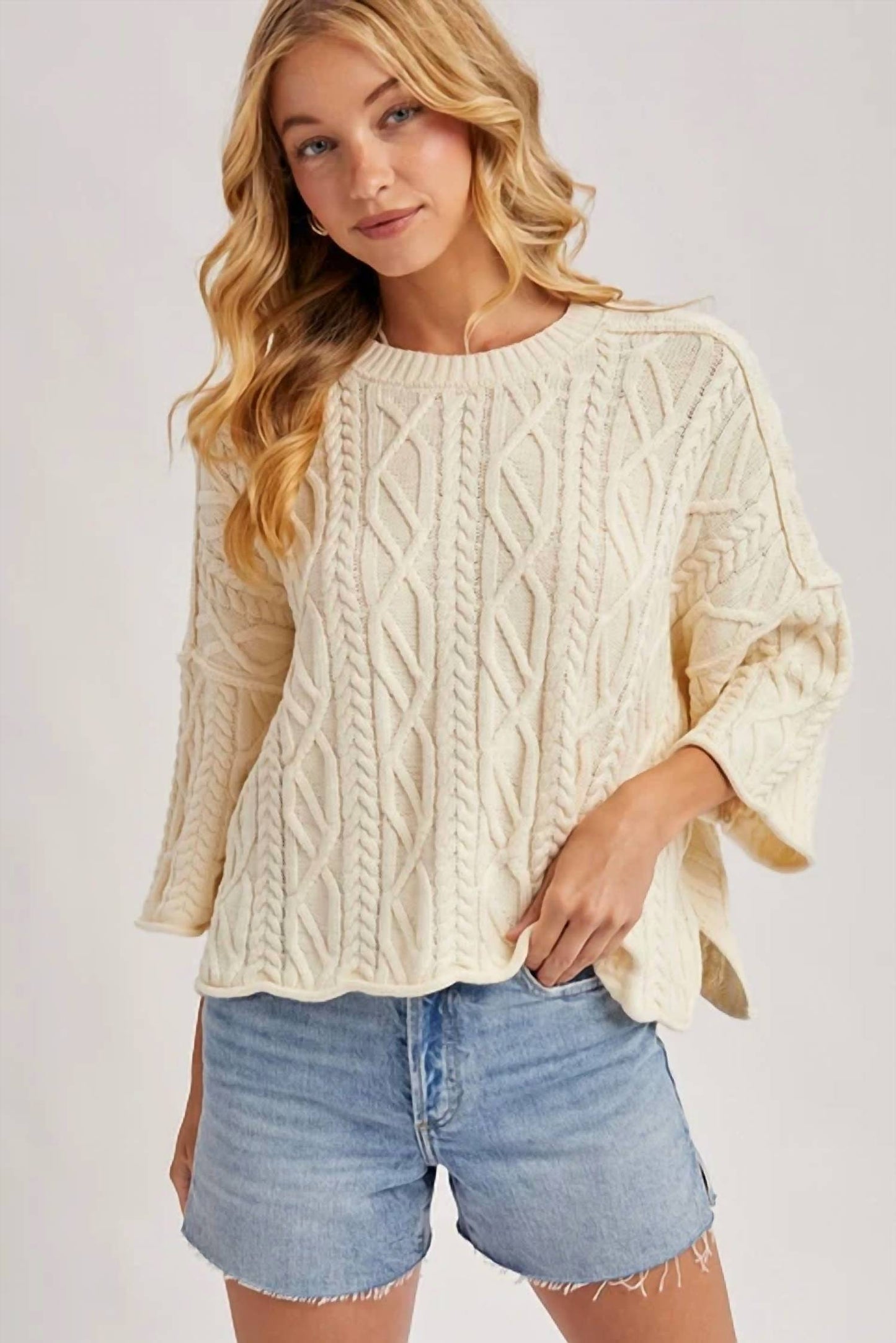Bluivy - Oversized Bell Sleeve Cable Knit Sweater