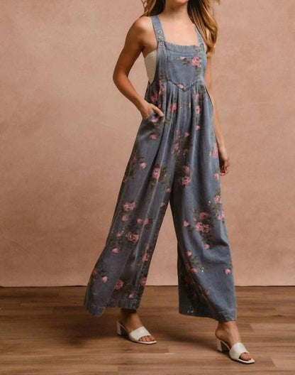 Bibi - Flower Print Washed Denim Wide Leg Jumpsuit