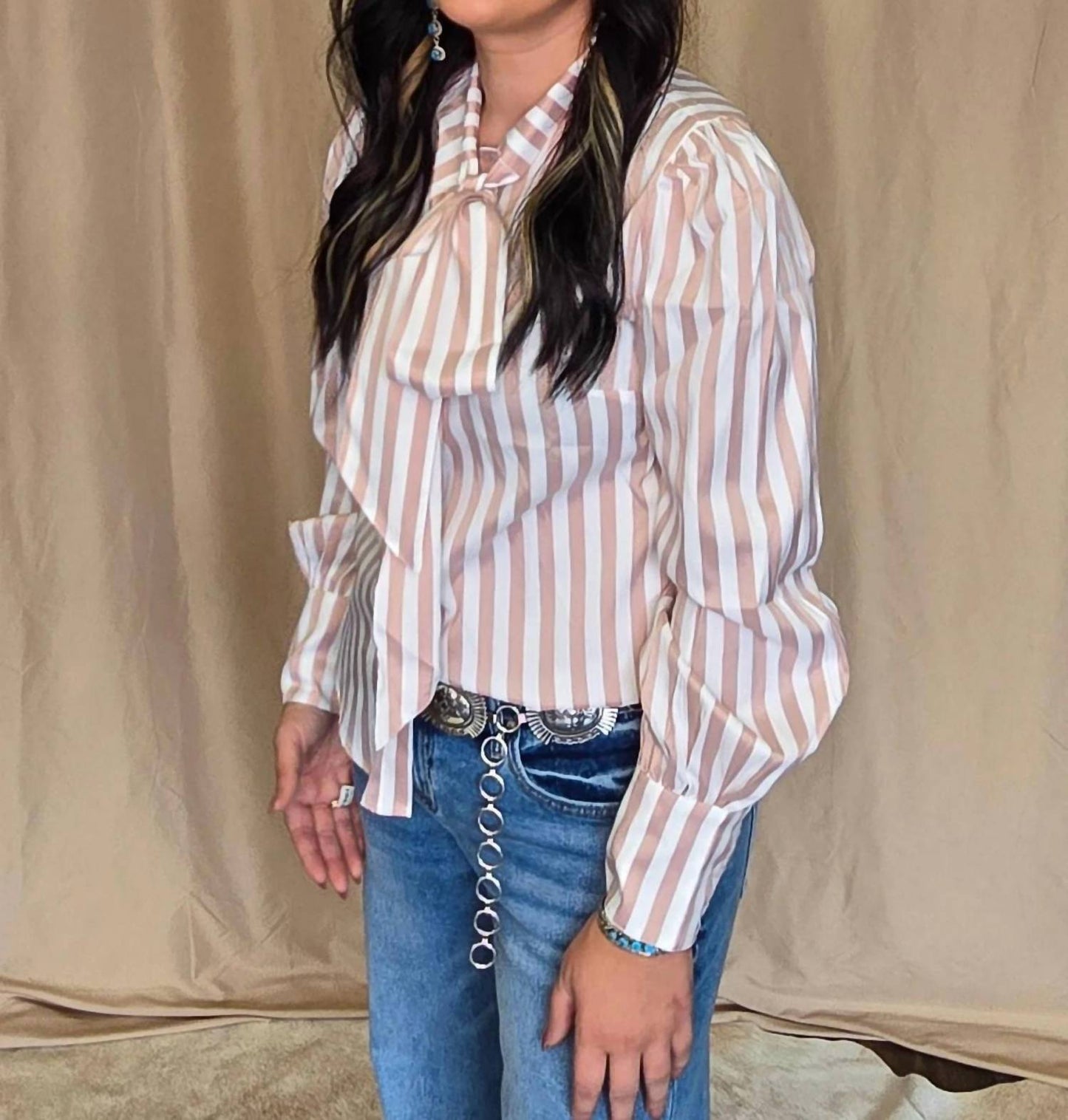 Crazy Consuela - Howdy Hanny Stripe Long Sleeve Western Bow Tie Top
