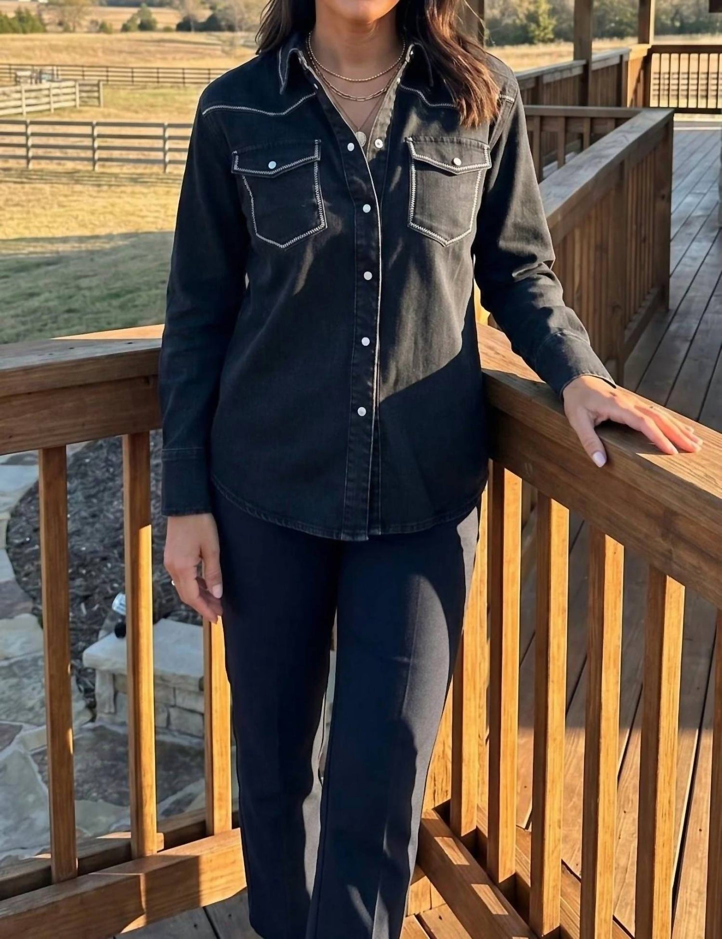 Lucky & Blessed - Contrast Stitching Pearl Snap Denim Western Shirt