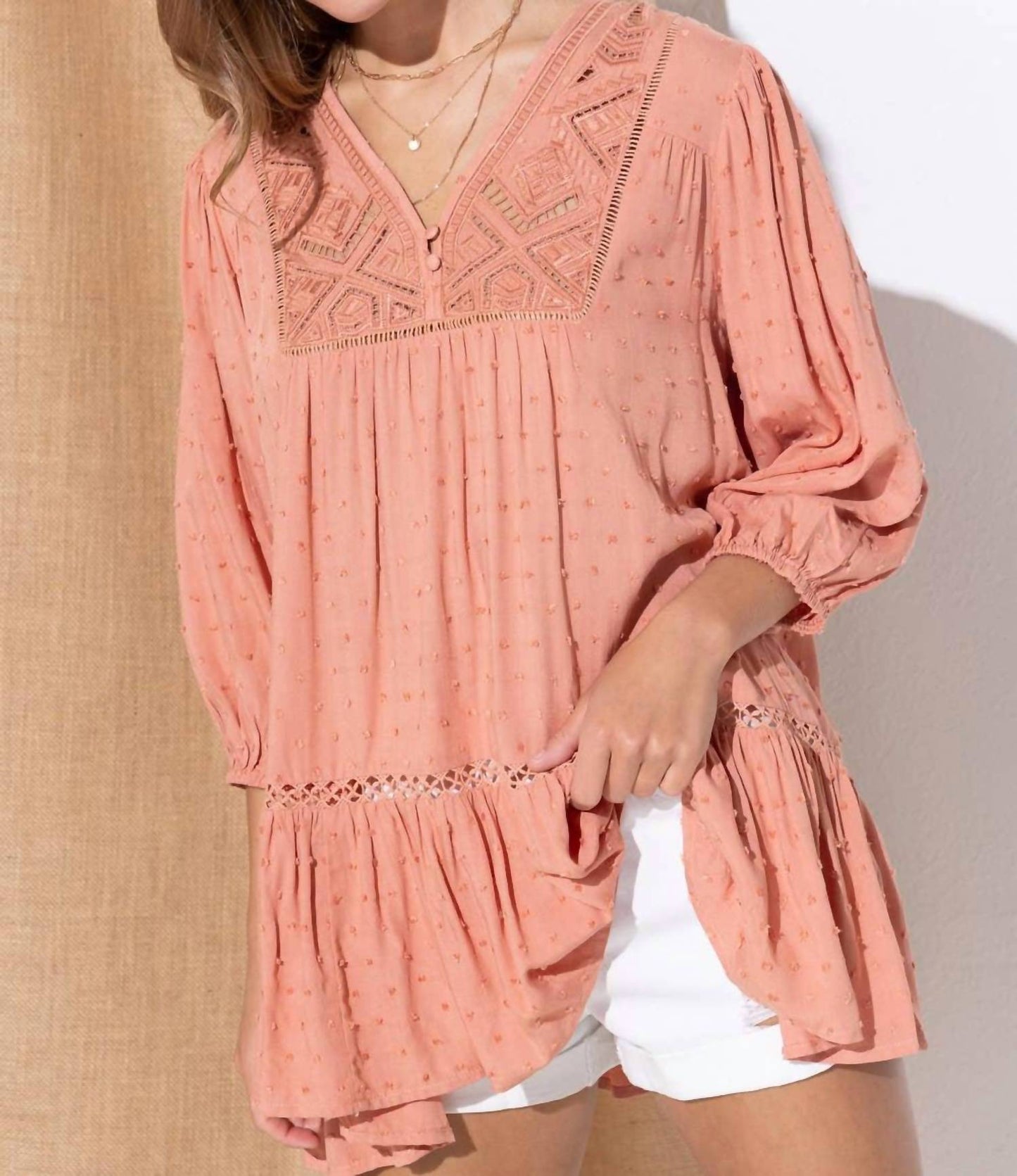 Blue B - Dot Challis Western Embroidered Peplum Top