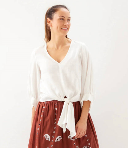 Karen Kane - Blouson Sleeve Linen Tie-Front Top