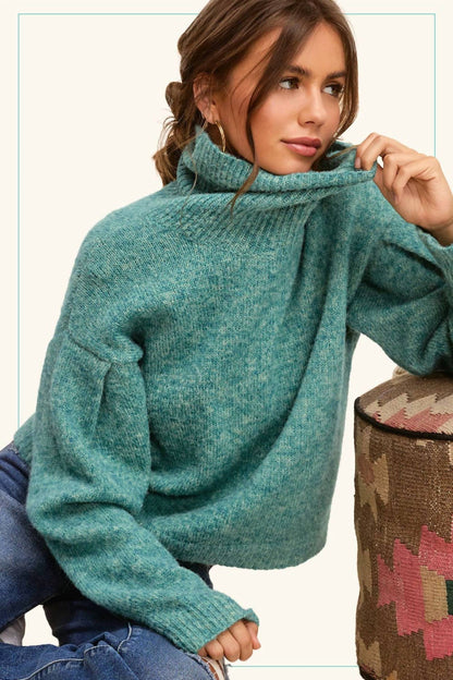 La Miel - Loose-fit Turtleneck Pin-tuck Long Sleeve Western Sweater