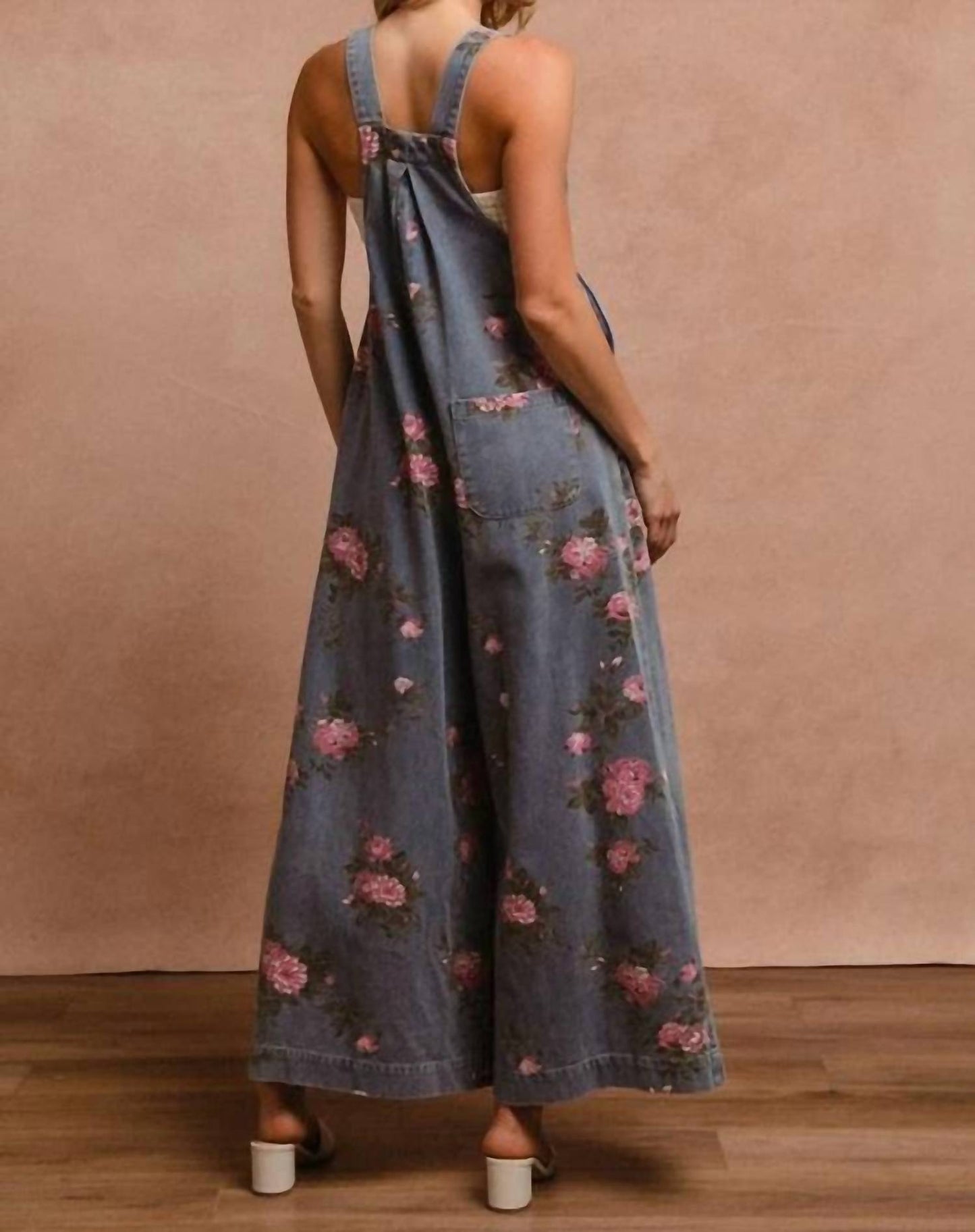 Bibi - Flower Print Washed Denim Wide Leg Jumpsuit