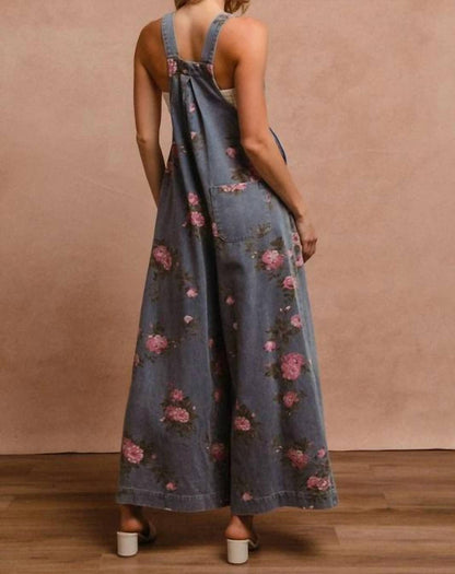 Bibi - Flower Print Washed Denim Wide Leg Jumpsuit
