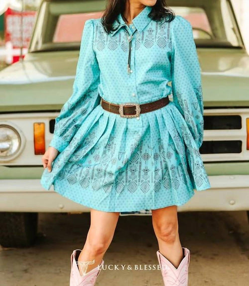 Lucky & Blessed - Jade Aztec Pearl Snap Long-sleeve Pleated Western Mini Dress