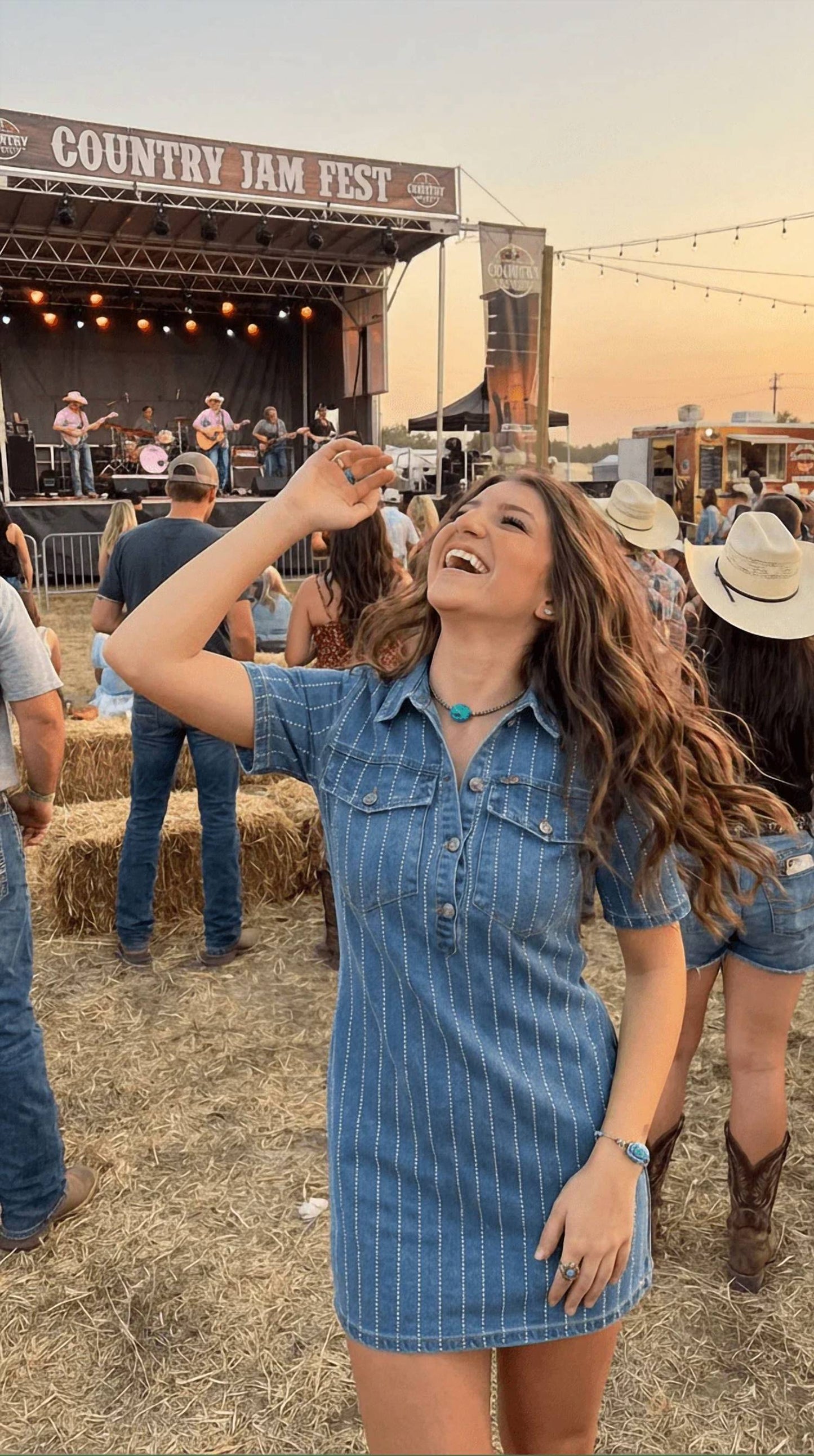 Lucky & Blessed - Denim Rhinestone Striped Western Mini Dress