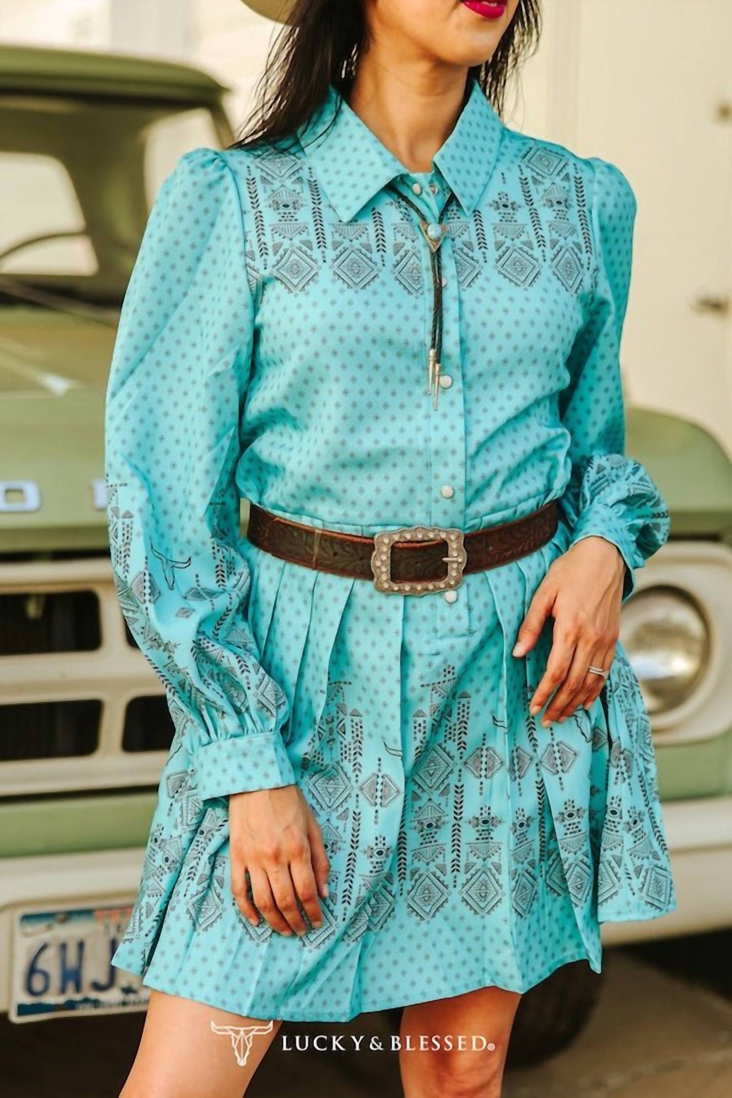 Lucky & Blessed - Jade Aztec Pearl Snap Long-sleeve Pleated Western Mini Dress