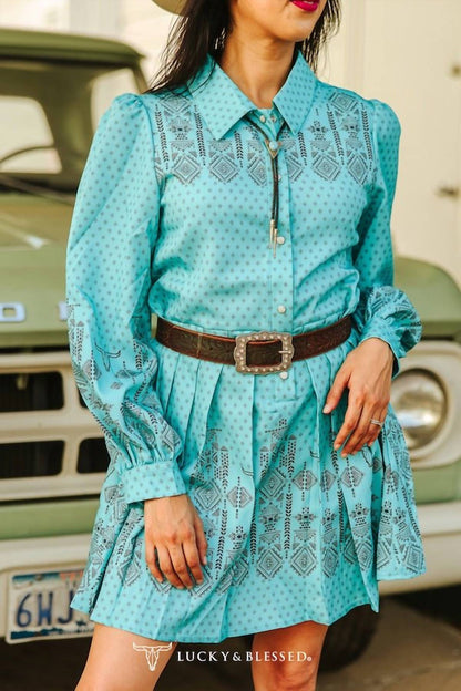 Lucky & Blessed - Jade Aztec Pearl Snap Long-sleeve Pleated Western Mini Dress