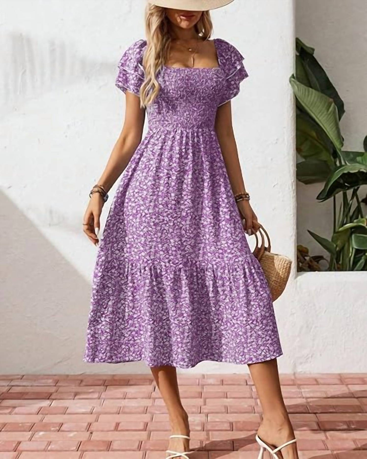 Lovesoft - Floral Square Neck Smocked Maxi Summer Dress