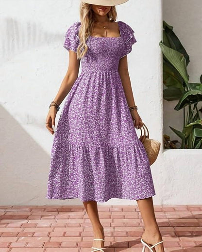 Lovesoft - Floral Square Neck Smocked Maxi Summer Dress