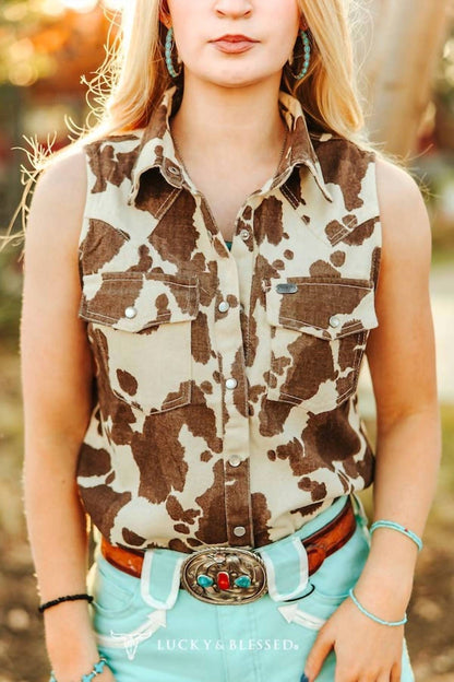 Lucky & Blessed - Sleeveless Cowhide Print Denim Western Shirt With Pearl Snaps
