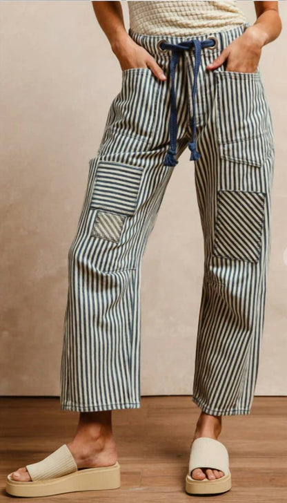 Bibi - Striped Twill Barrel Pants