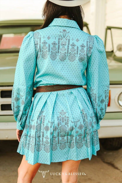 Lucky & Blessed - Jade Aztec Pearl Snap Long-sleeve Pleated Western Mini Dress