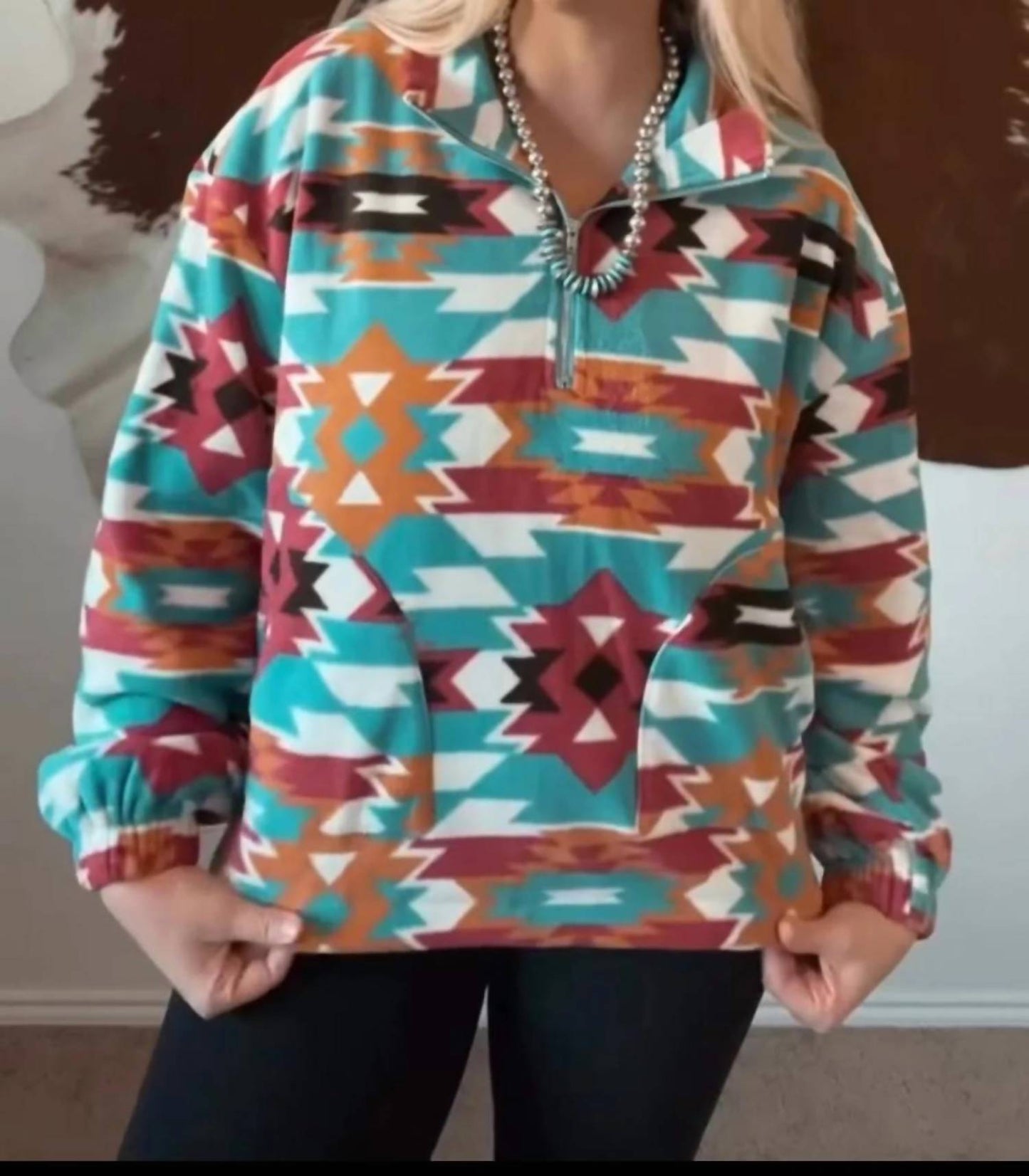 Blue B - Santa Fe Aztec Sherpa Fleece Zip-up Western Pullover Sweatshirt