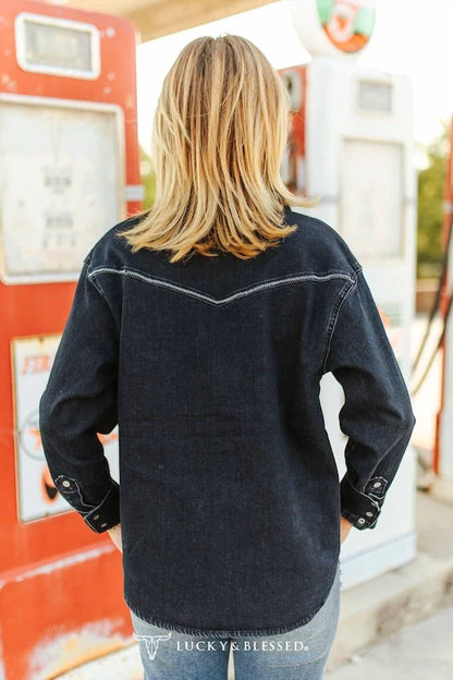 Lucky & Blessed - Contrast Stitching Pearl Snap Denim Western Shirt