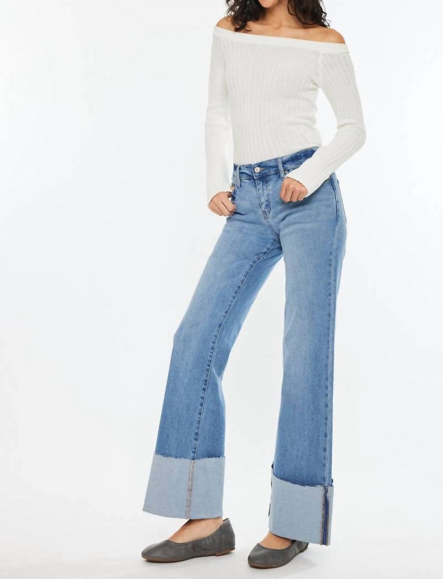 Kancan - Mid Rise Wide Flare Cuff Western Jeans