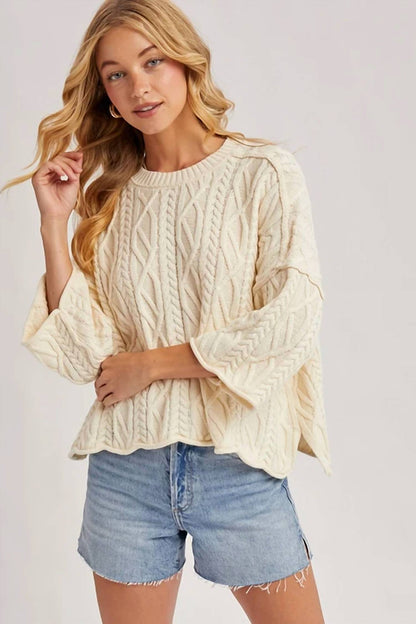Bluivy - Oversized Bell Sleeve Cable Knit Sweater
