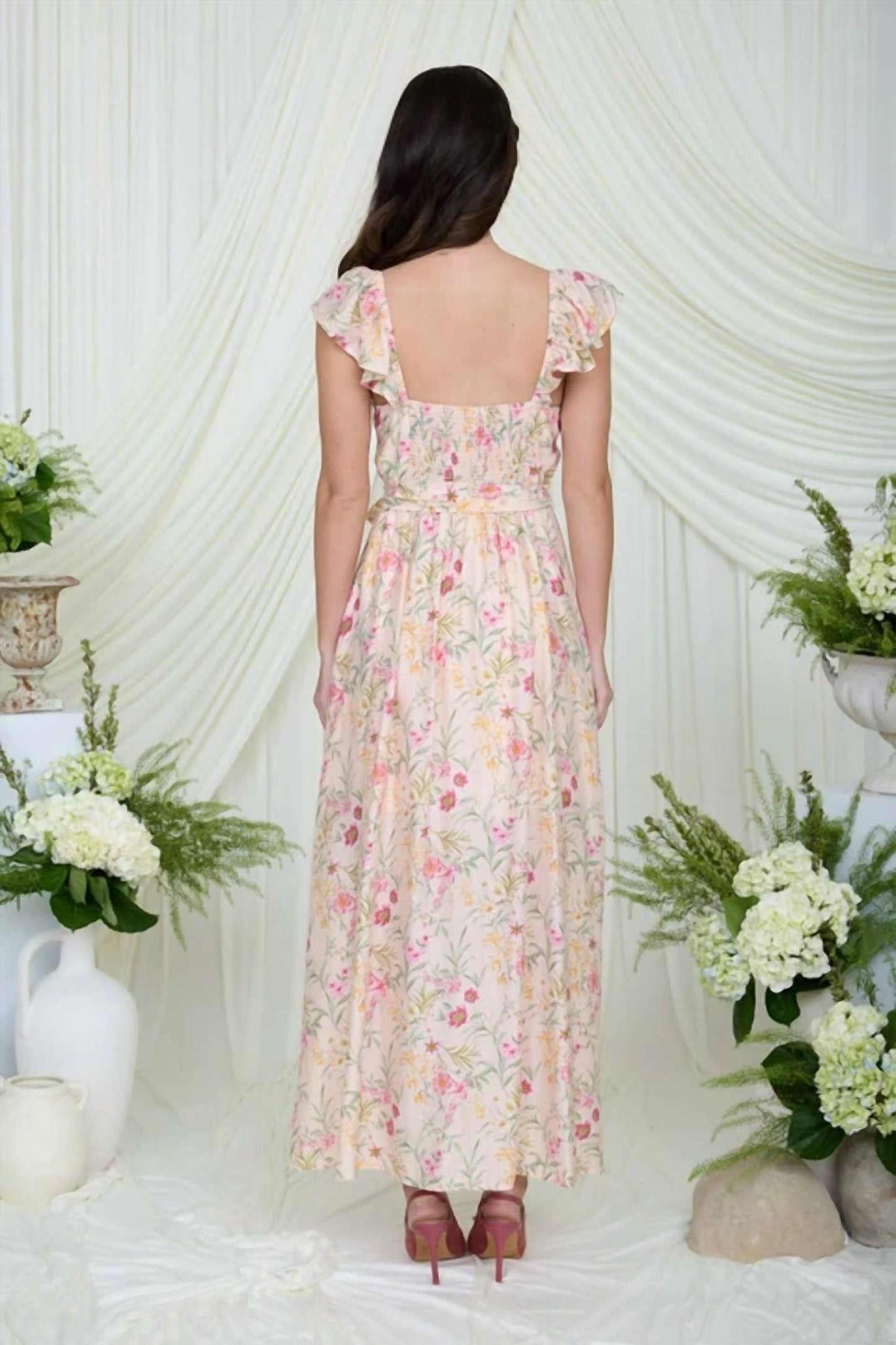 Blu Pepper - Floral Waist Tie Front Slit Sleeveless Midi Dress