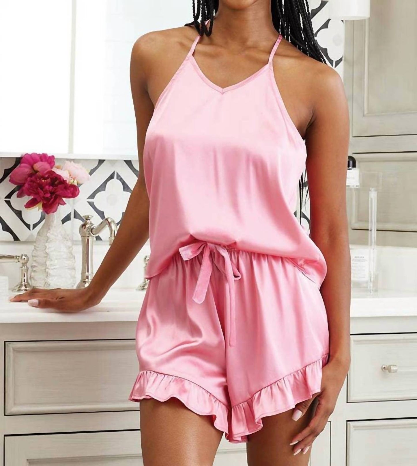 Bella Sleep + Spa - Satin Cami Pajama Set With Ruffle Shorts