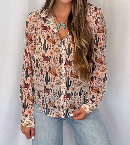 Blue B - Painted Desert Western Chiffon Button-up Blouse
