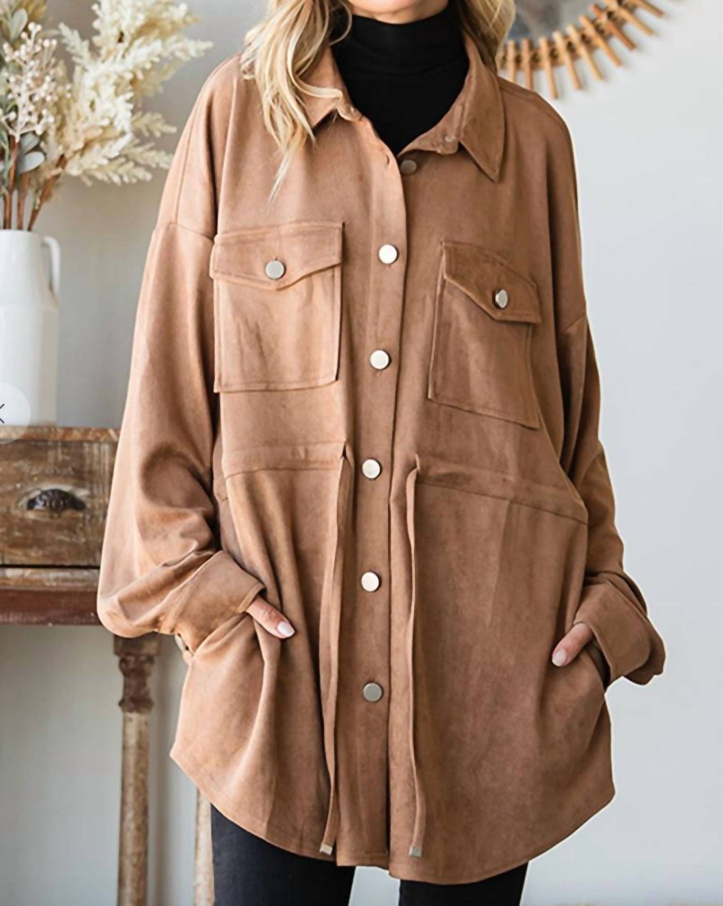 Cotton Bleu - Faux Suede Button Down Front Shirt Jacket