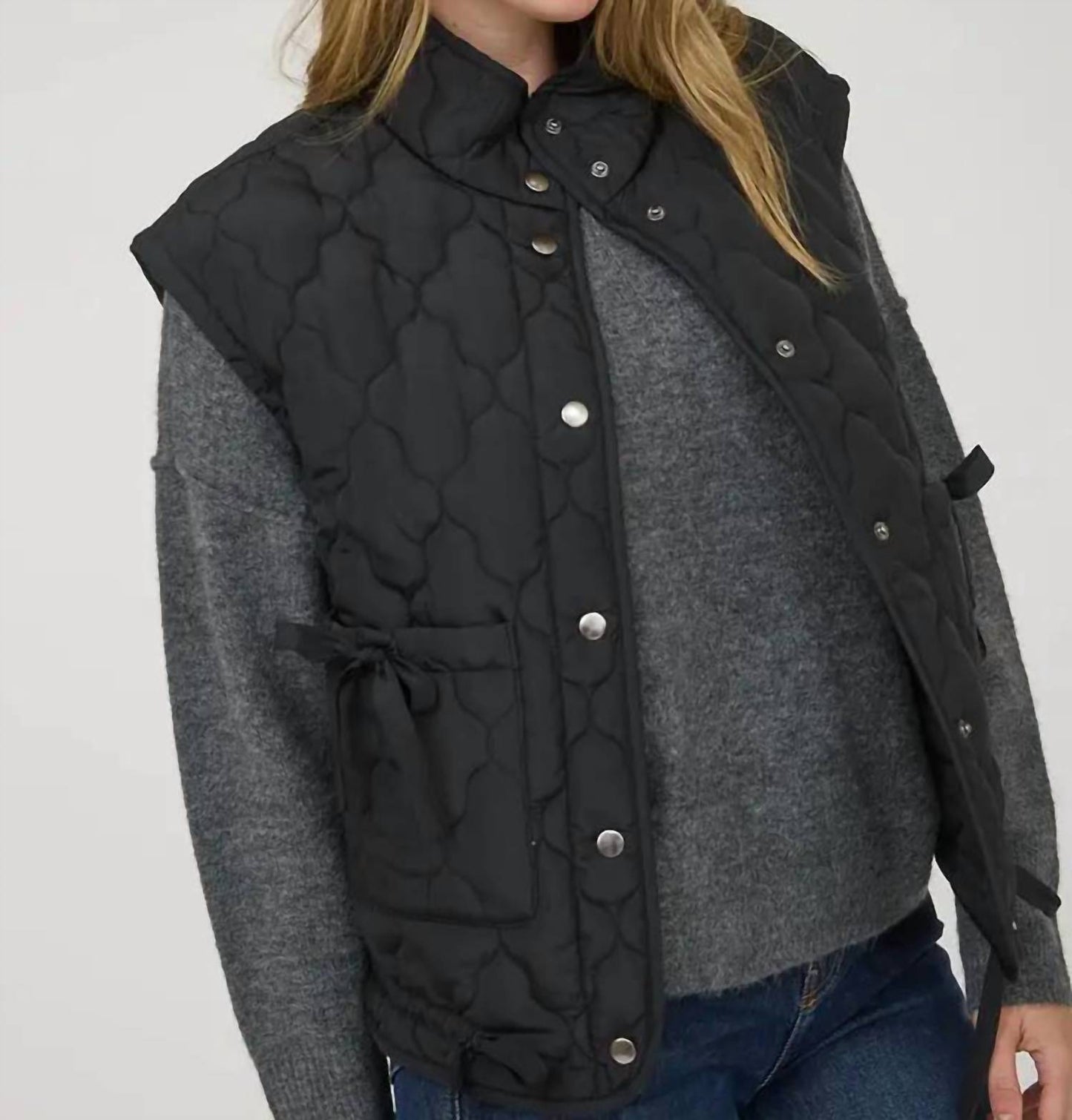 Blu Pepper - Tie Detail Snap Button Down Quilted Puffer Vest