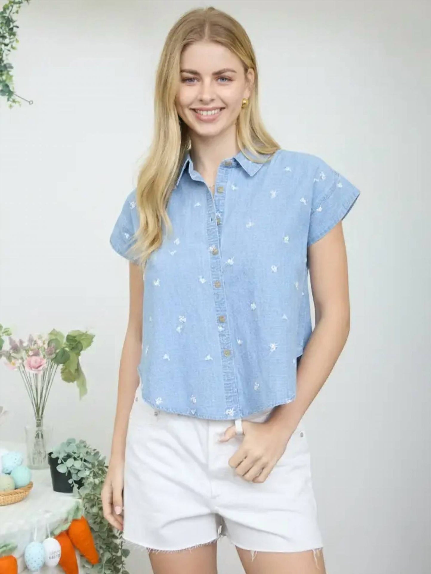 Blu Pepper - Embroidered Floral Pattern Button Down Denim Shirt